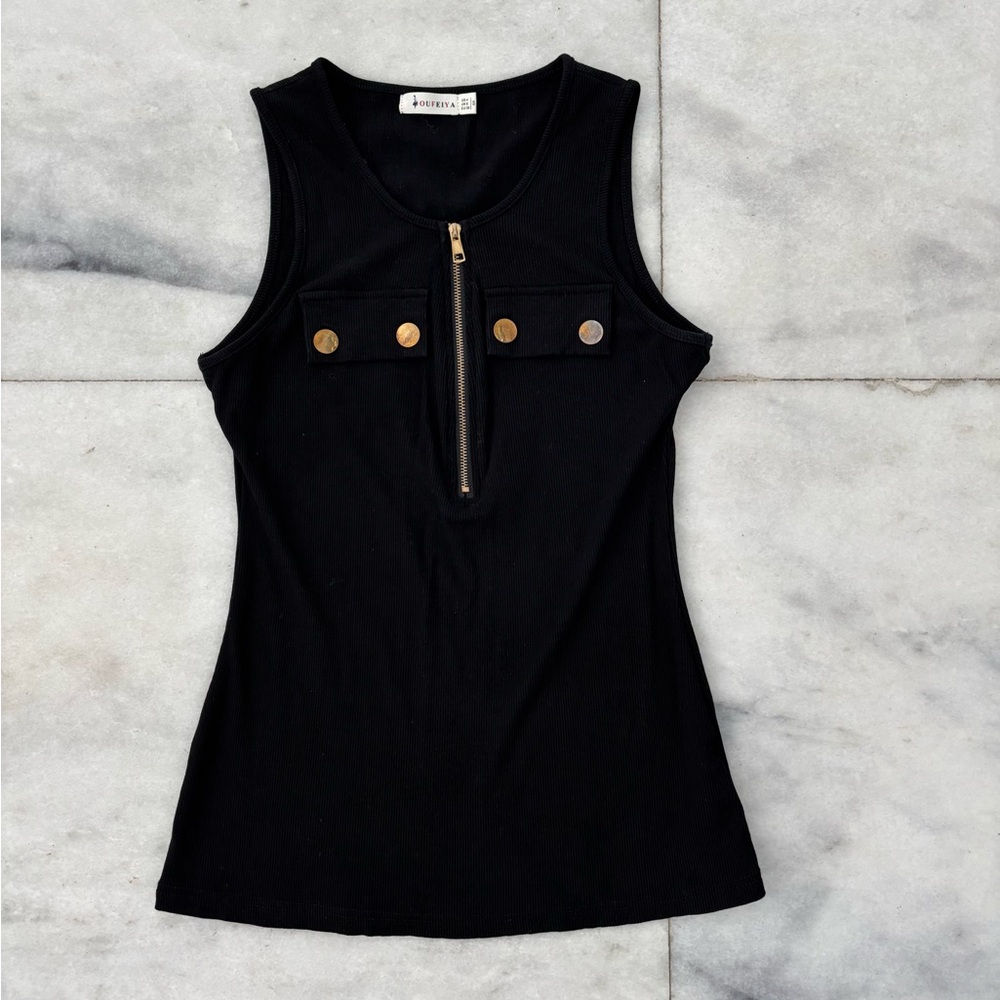 90s Oufeiya Tank Top Black Ribbed Knit Gold Buttons Zip Womens Small